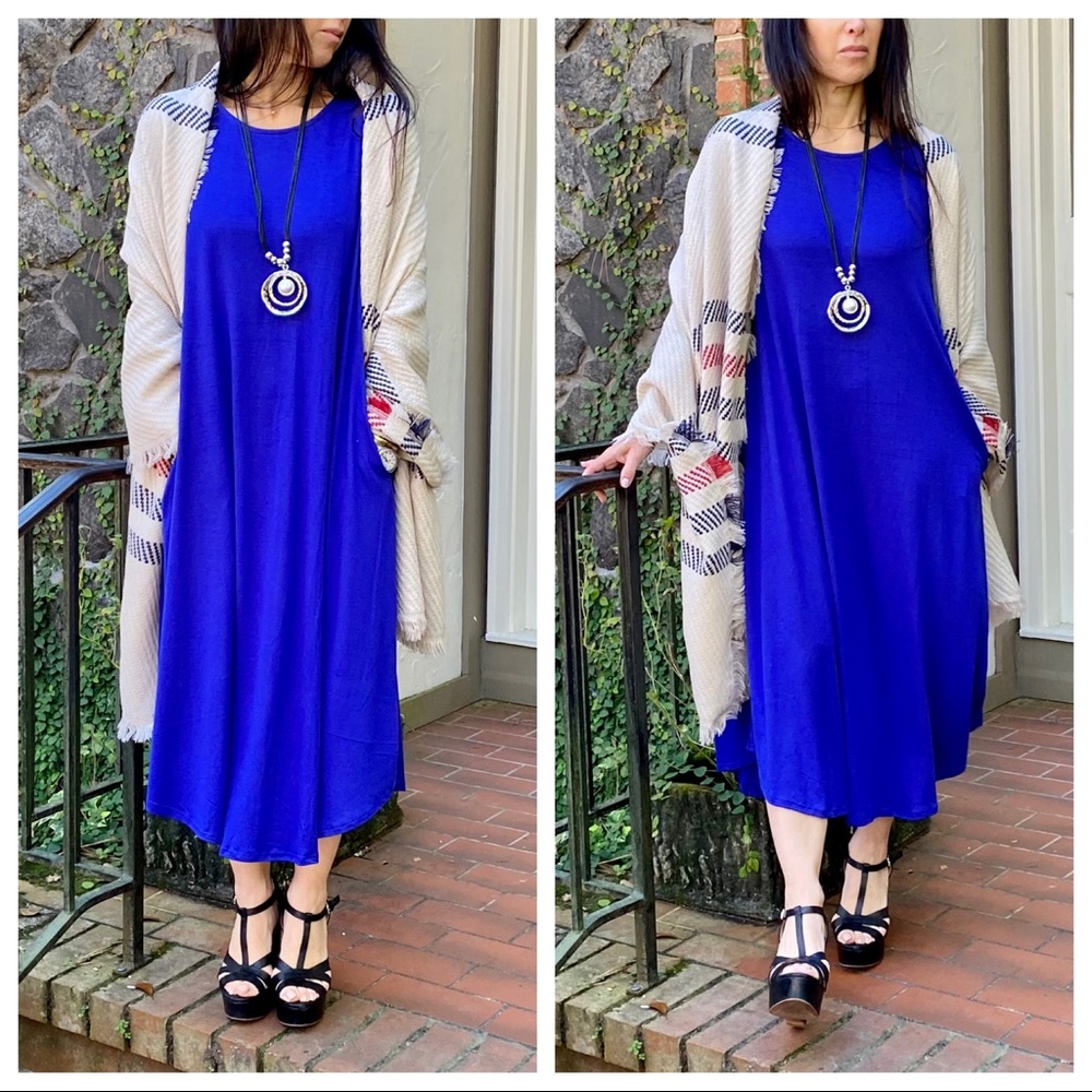 Chic Royal blue viscose side pocket swing dress - Picture 4 of 11